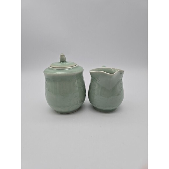 Vintage Chinese Longquan Celadon Green Koi Fish Sugar & Creamer Set 1950-1980 - Picture 4 of 8